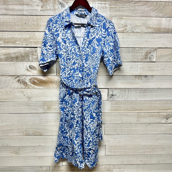 Zara Dress Size Large Blue White Floral Button Up Linen Blend Midi Pockets‎ Belt - Picture 1 of 10